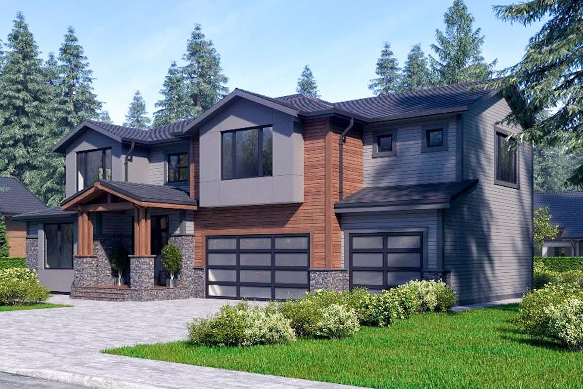 Modern two-story house plan exterior with stacked stone base, wood siding, prominent gables, and glass garage doors.
