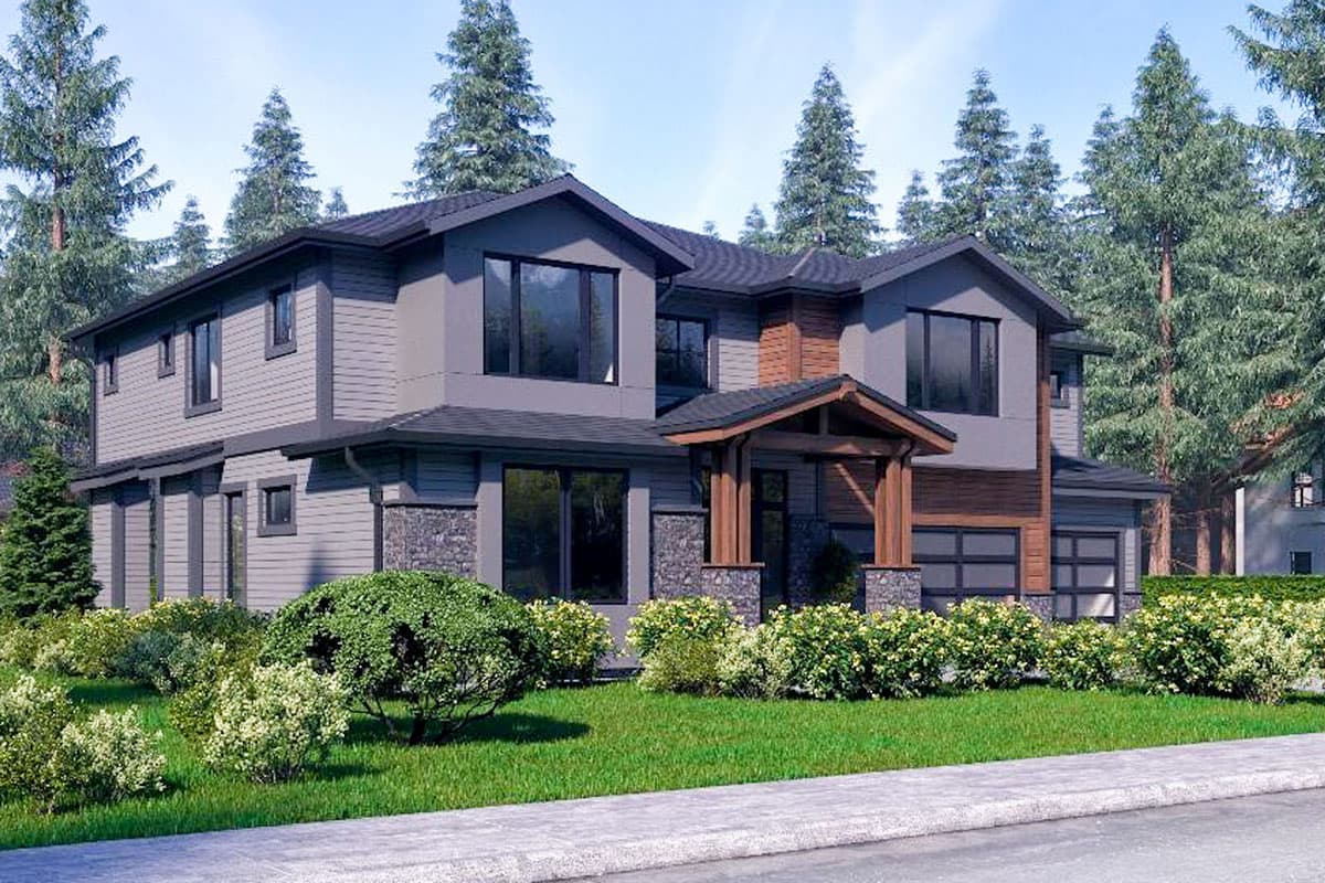 Modern two-story house plan exterior with a covered entry, stone accents, horizontal siding, and a multi-pane garage door.