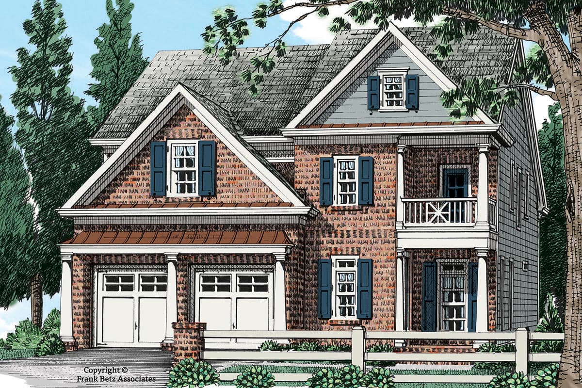 House plan exterior. Two-story brick home with gabled roof, dormers, and a second-story balcony. Features a two-car garage with columns.