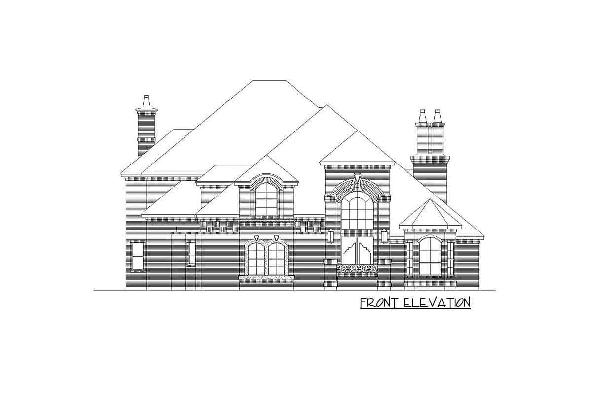Front elevation drawing of a two-story house plan featuring dormers, arched windows, and prominent chimneys.