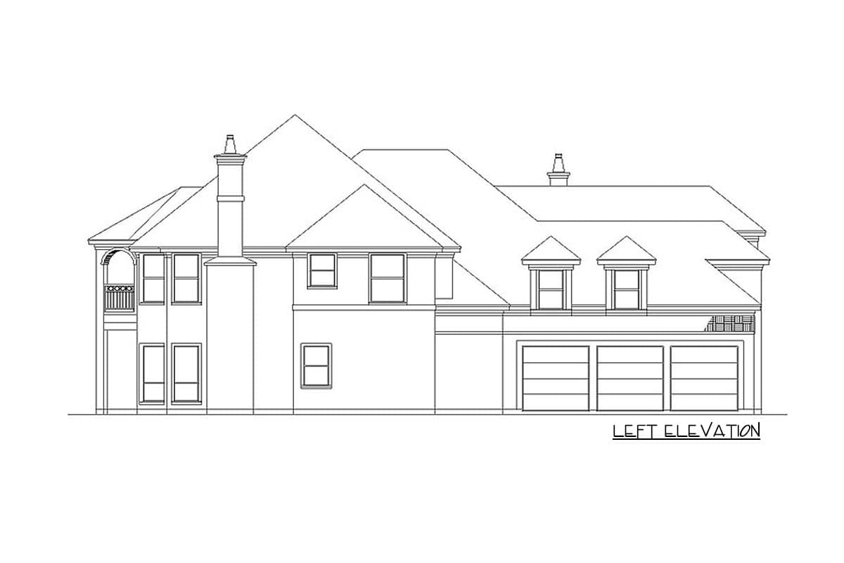 Left elevation of a two-story house plan with a rounded balcony, dormers, and a three-car garage.