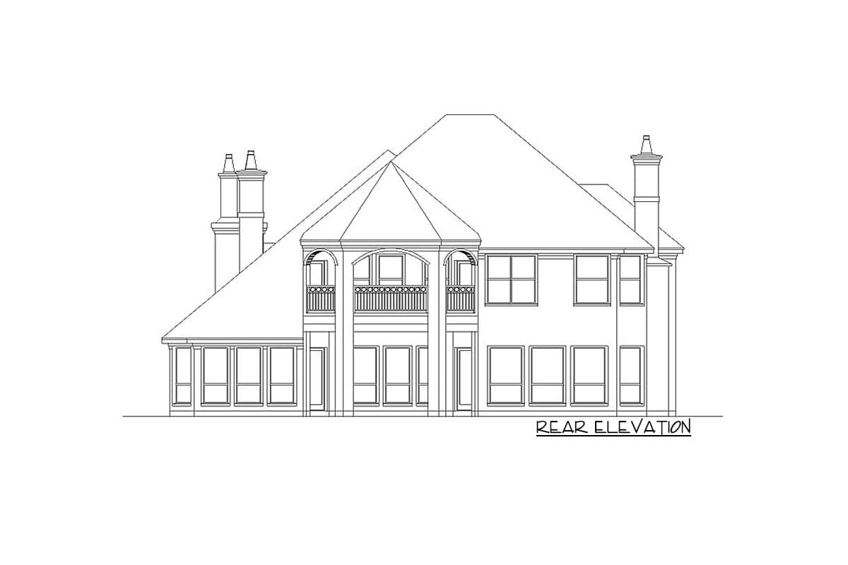 Rear elevation drawing of a two-story house plan with balconies, chimneys, and numerous windows.