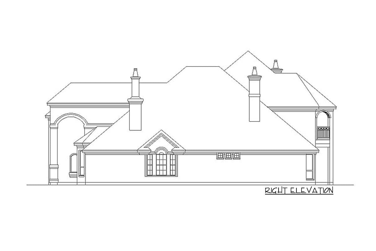 Architectural house plan: right elevation showing multiple gables, chimneys, arched entryway, and balcony.