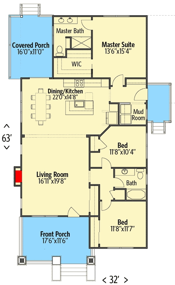 Plan 50166PH: Classic Bungalow House Plan with Split Beds - Floor Plan - Main Level - Bungalow, Cottage, Craftsman