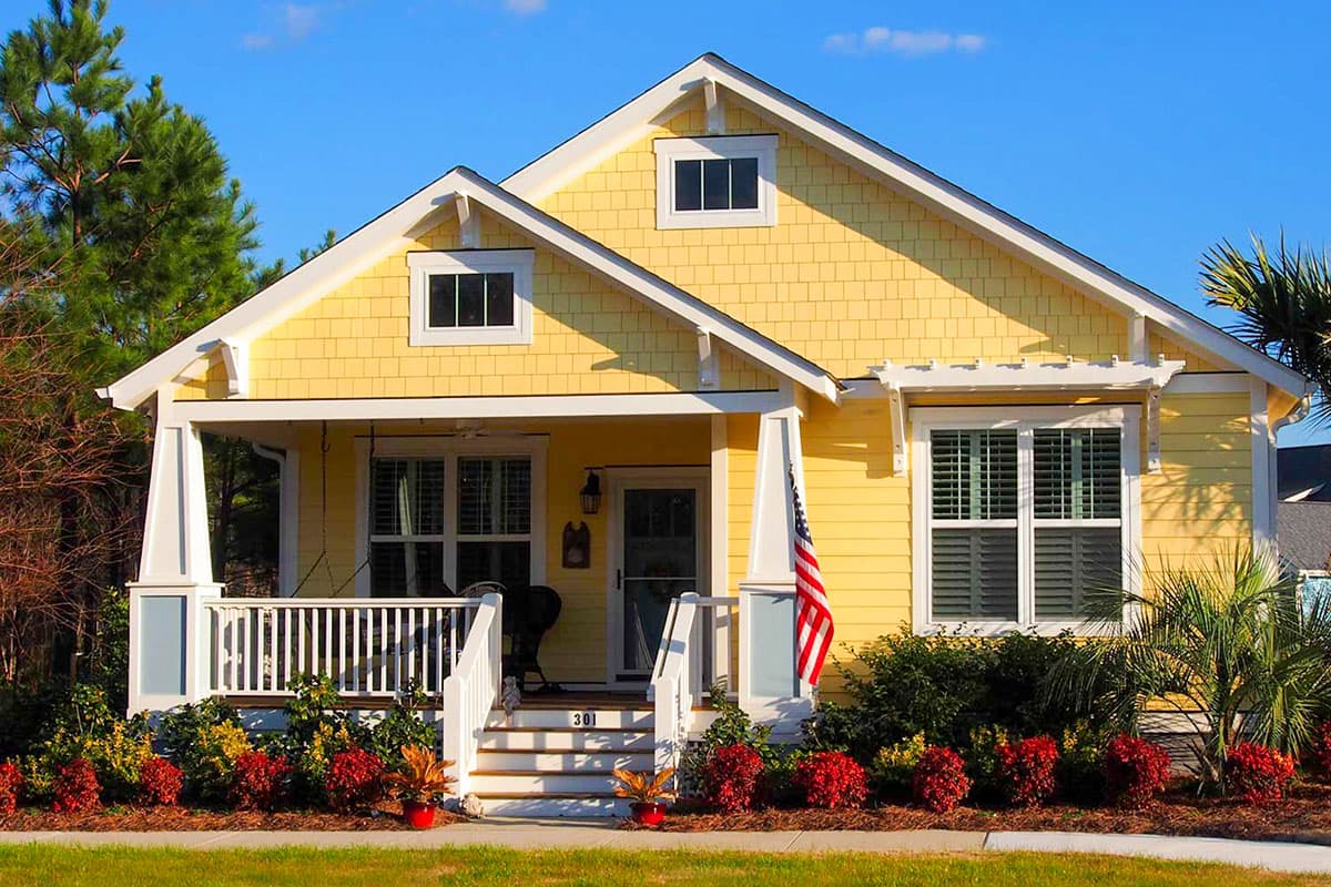 House plan exterior featuring a Craftsman style with a gabled roof, a front porch, and dormers. The house is one story.