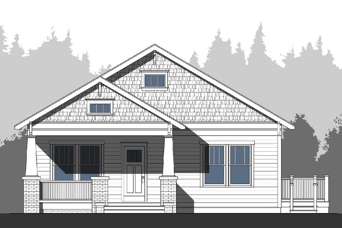 House plan exterior: One-story Craftsman style with covered front porch, dormer, and horizontal siding.