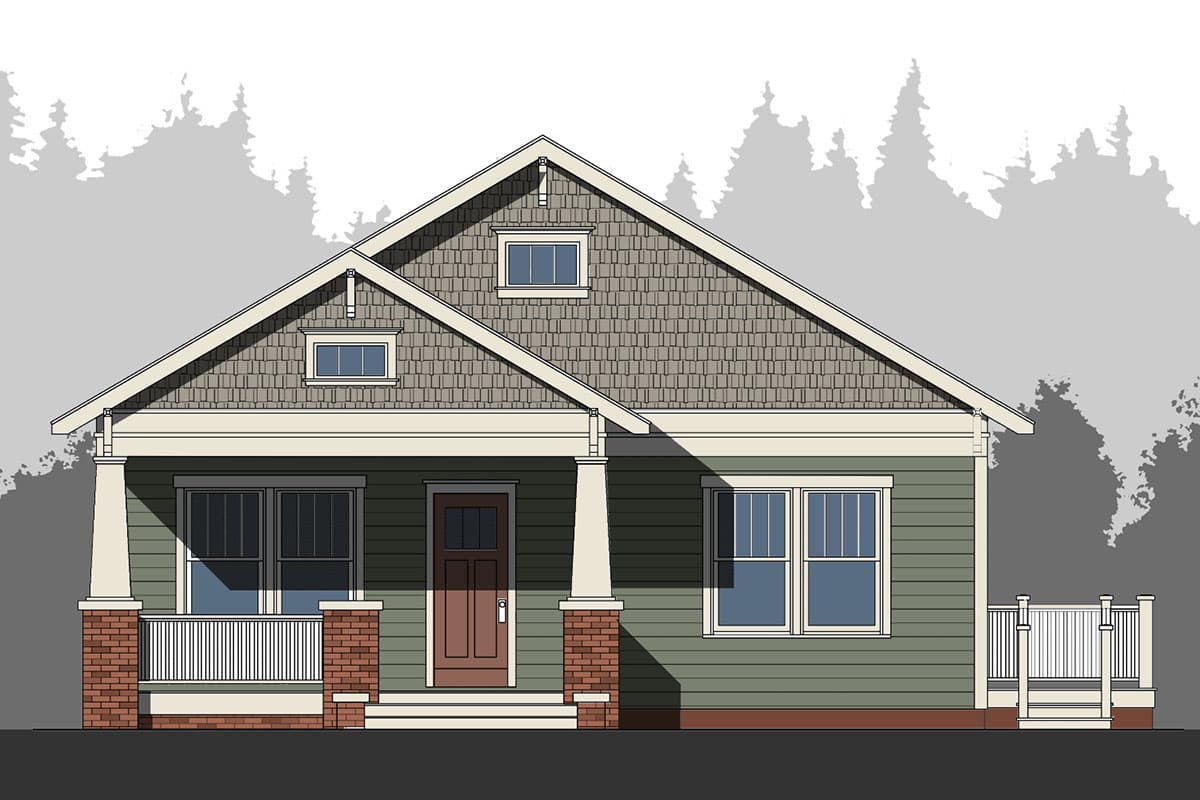 Craftsman style house plan exterior: one story, prominent gable with dormer, covered porch with brick supports, and lap siding.
