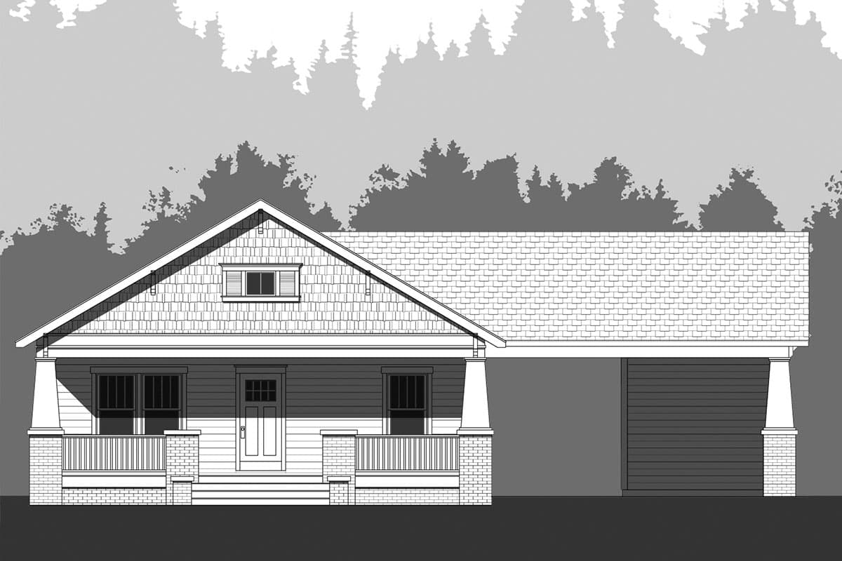 House plan exterior showing a one-story Craftsman-style home with a covered front porch, gables, and attached carport.