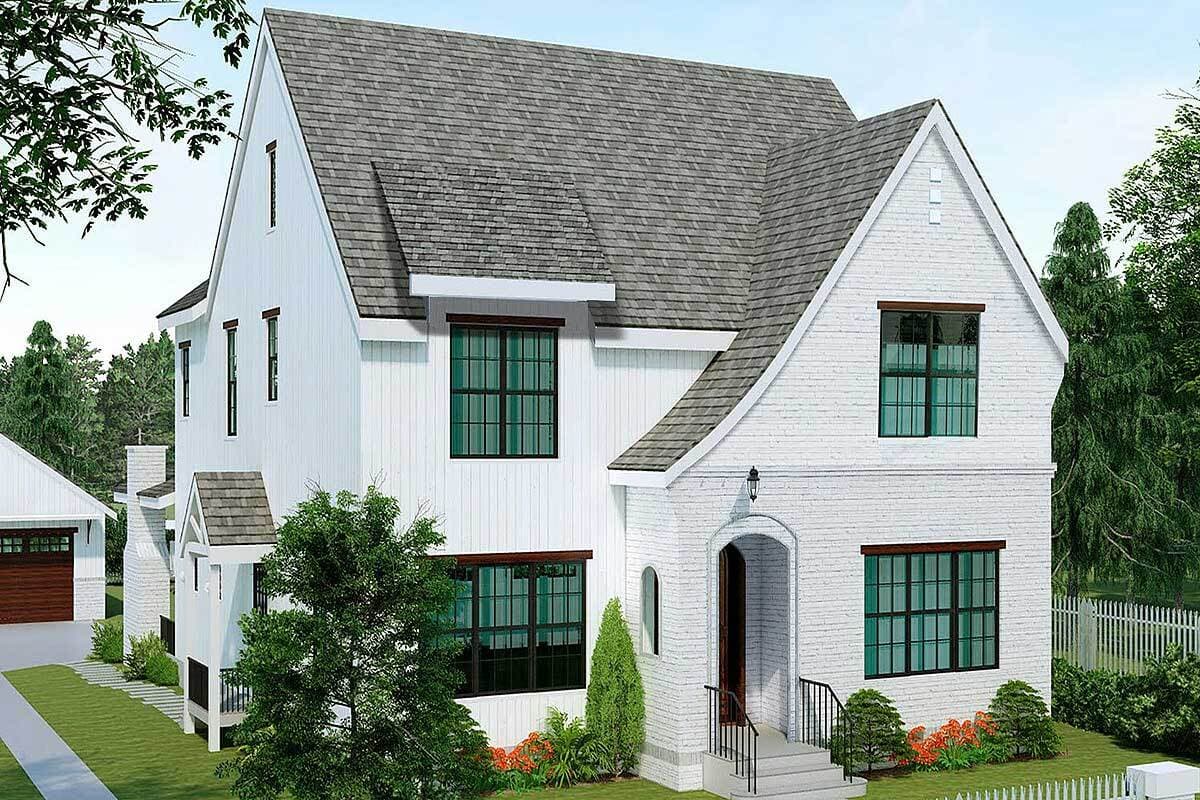 House plan exterior: Modern Farmhouse style, two stories, white board-and-batten siding, arched brick entry, multiple gables.