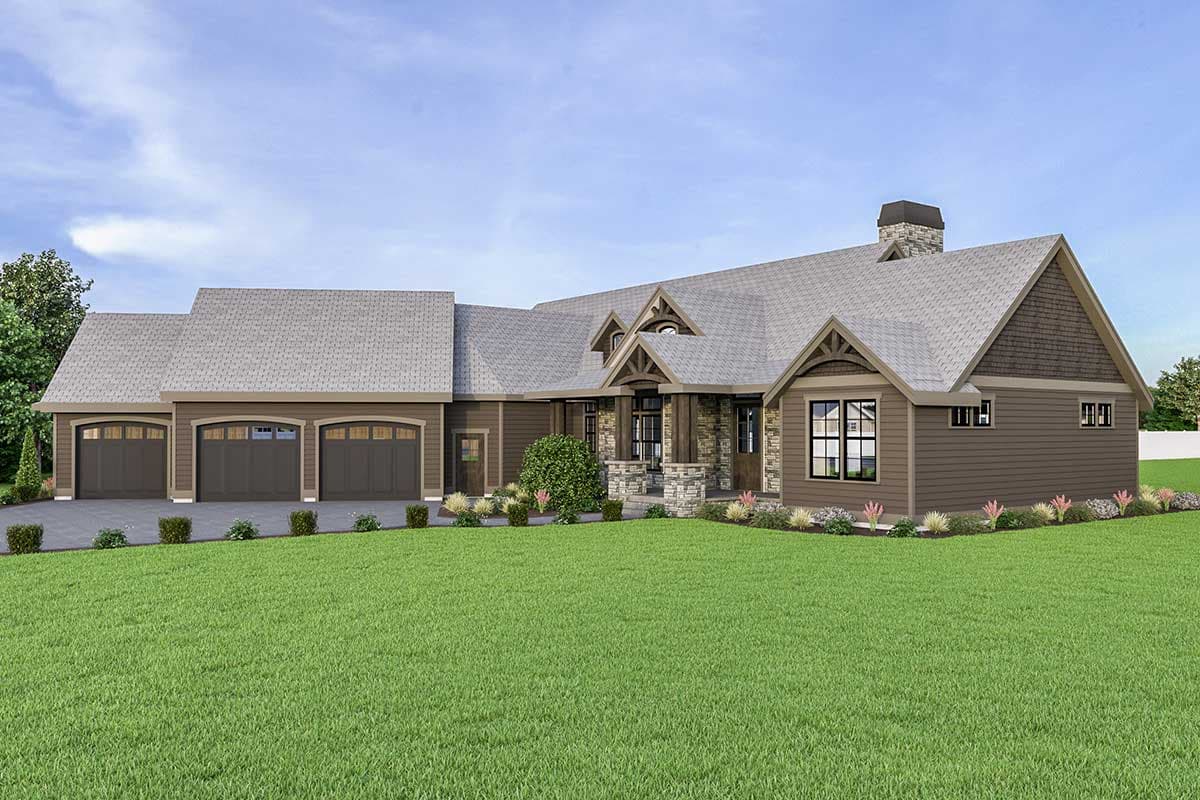 House plan exterior: Ranch style with three-car garage, stone-clad porch columns, gable accents, and stone chimney.
