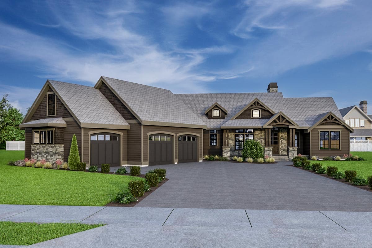 House plan exterior. Craftsman style with a low-pitched roof, gables, and a prominent front-facing garage. Stone accents adorn the facade and porch.