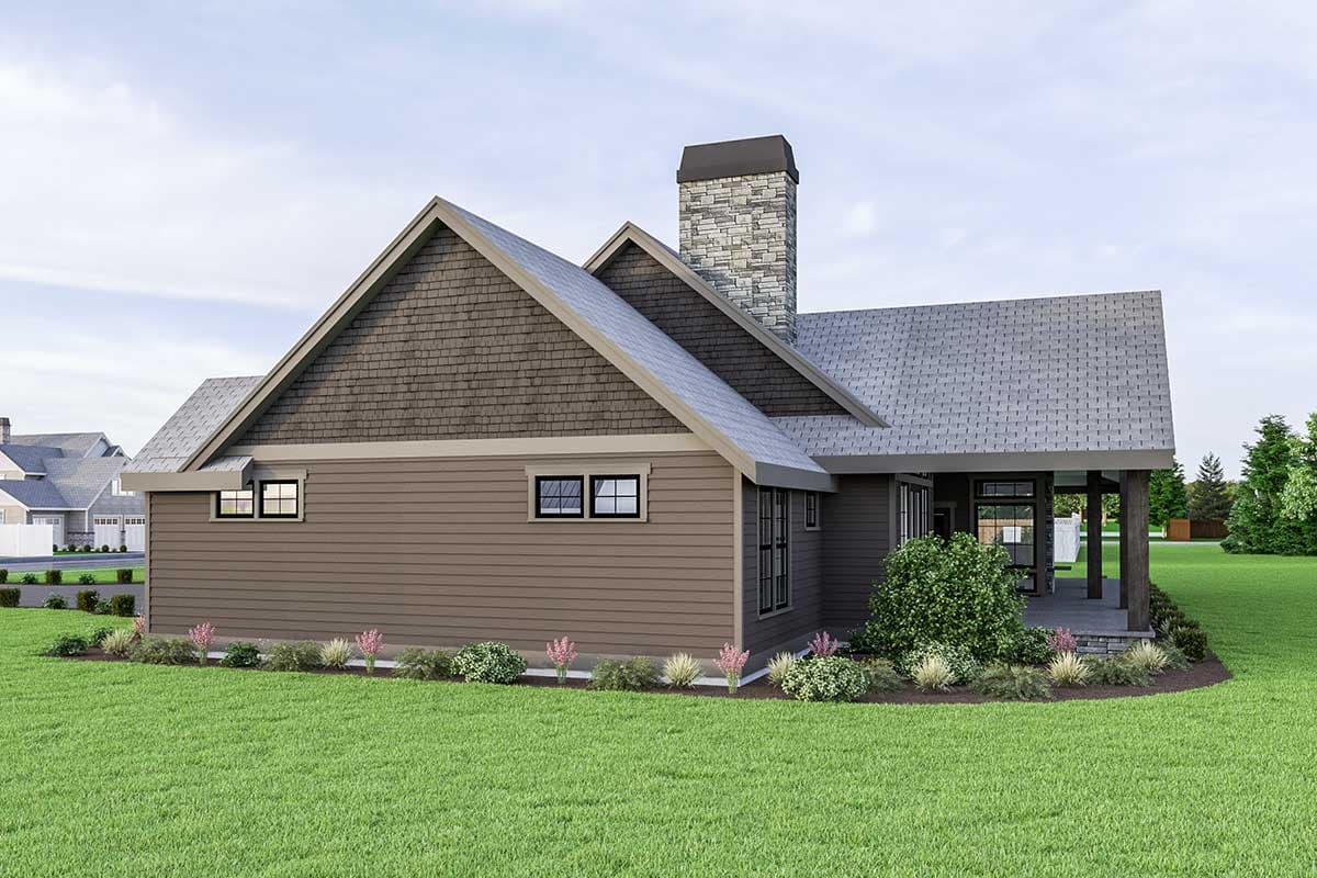 House plan exterior: Ranch style with gable roof, shingle accent, stone chimney, and covered porch.