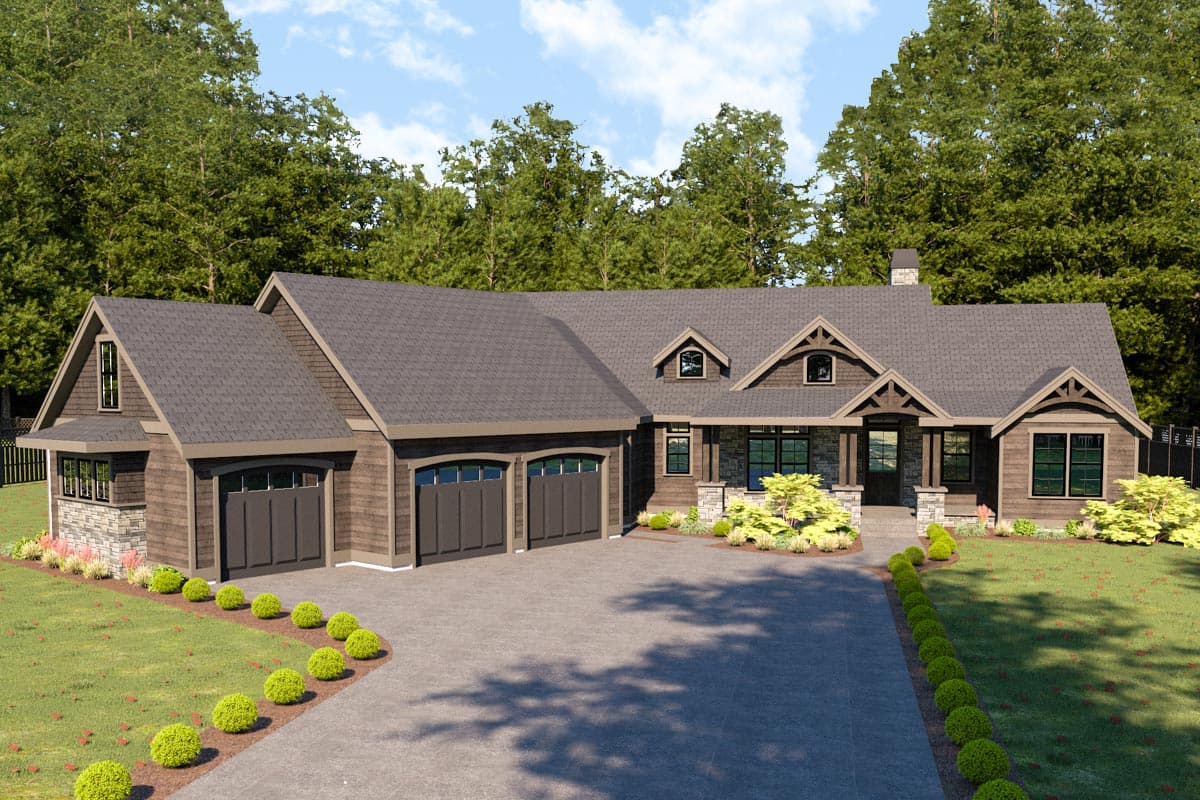 House plan exterior: Craftsman style, 1.5 stories, with a side-entry three-car garage, covered front porch, and stone accents.