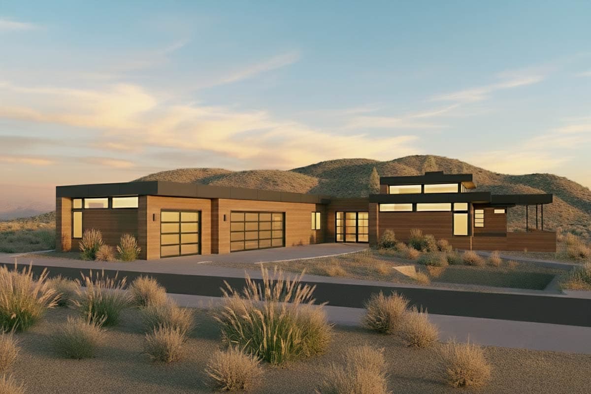 House plan exterior. Modern style with flat roof. Features include garage, large windows, and a covered patio area.