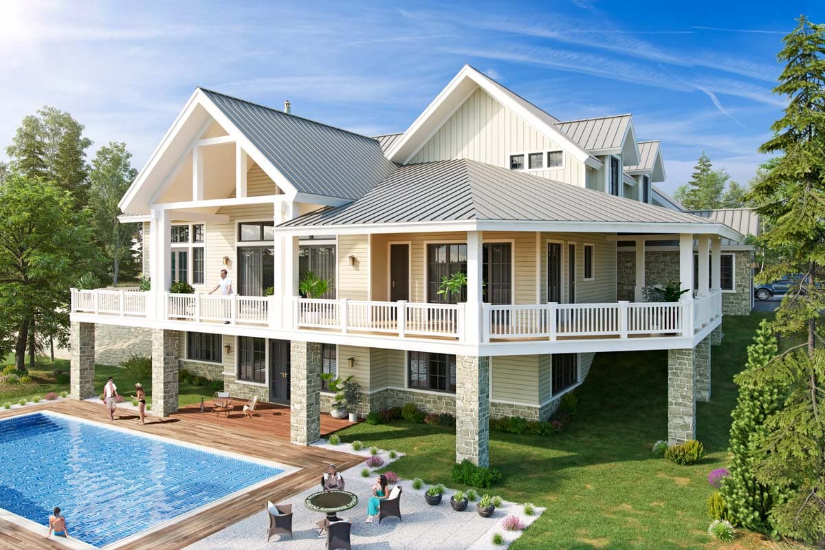 Modern Farmhouse house plan exterior with a large wrap-around porch, gables, and stone foundation.