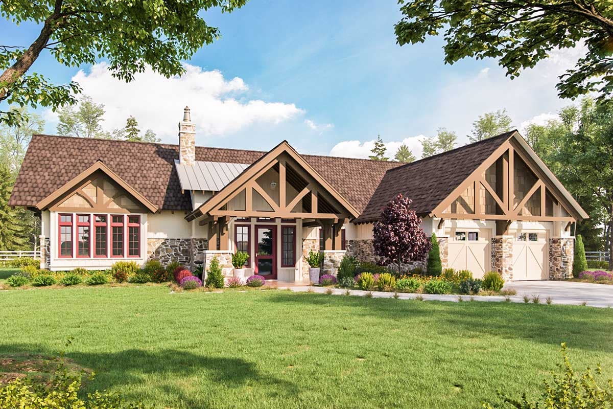 House plan exterior with Craftsman-style elements. Features include multiple gables, exposed rafter tails, stone accents, and a front-facing garage.
