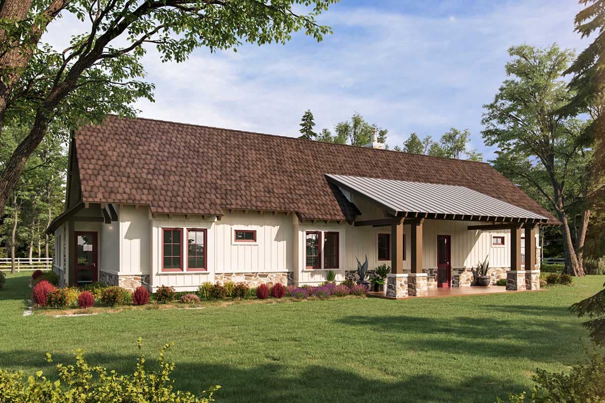 House plan exterior of a single-story Modern Farmhouse with a large covered porch, gabled roof, and stone accents.