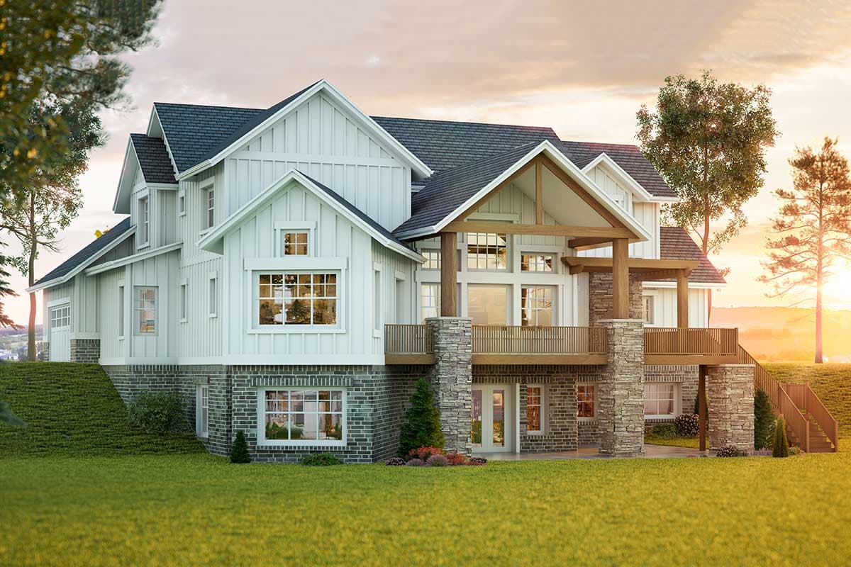 Modern Farmhouse house plan exterior with board and batten siding, stone accents, multiple gables, and an elevated deck.