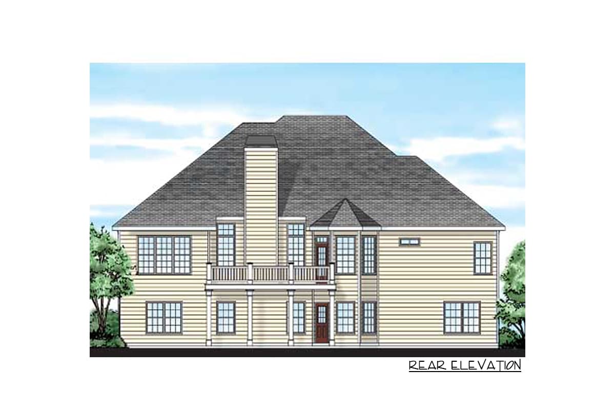 Rear elevation drawing of a two-story house with a prominent gable roof, central chimney, and upper-level balcony.