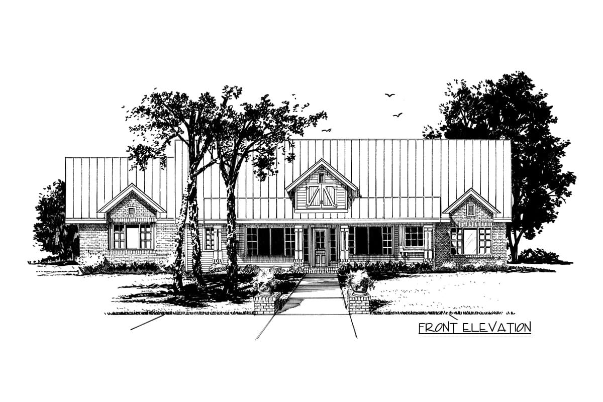 Front elevation drawing of a single-story house with a metal roof, gabled dormer, and covered front porch.