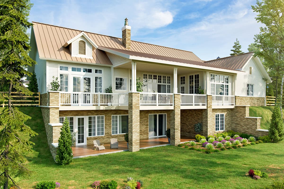 House plan exterior: two-story home with a wraparound deck, metal roof, dormer window, and stone foundation.