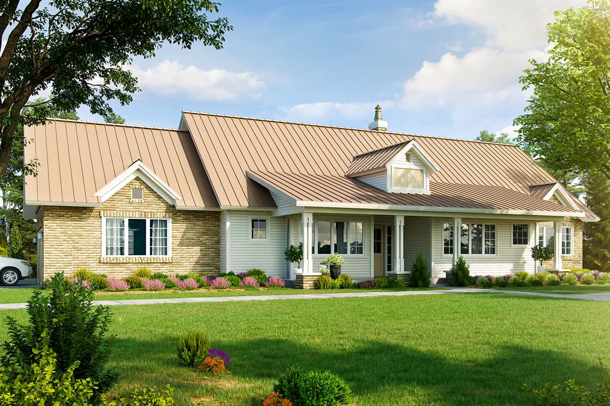 House plan exterior with metal roof, front porch with columns, and dormer windows. Features stone and siding exterior with mature landscaping.
