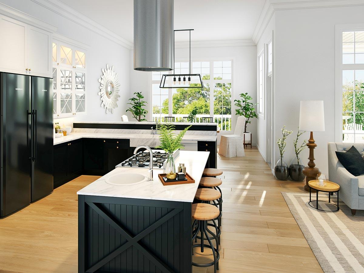 Interior rendering of a modern kitchen with a central island, black cabinetry, and large windows overlooking a garden.