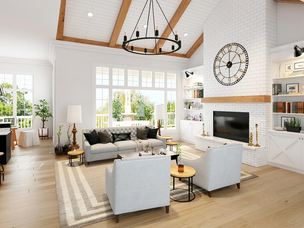 Great room with vaulted wood-beamed ceiling, brick fireplace, large windows, and built-in shelving.