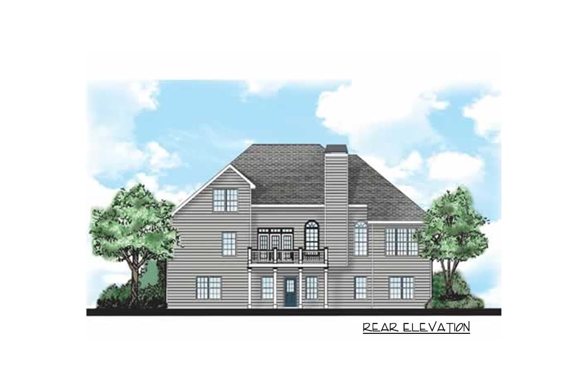 Rear elevation of a two-story house plan with gabled roof, central balcony, and multiple windows.