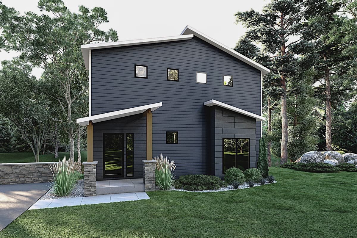 Modern two-story house plan exterior with dark siding, geometric rooflines, a covered entry with stone pillars, and square windows.