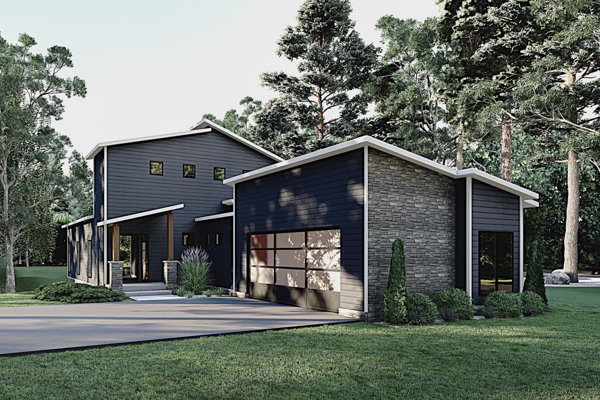 Modern house plan exterior with two stories, dark siding, stone accent, and a glass garage door.