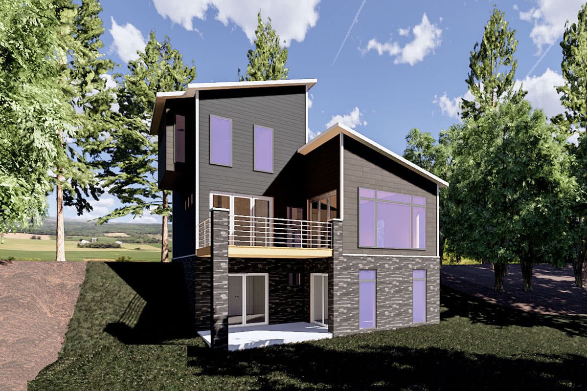 Modern house plan exterior with multi-level volumes, dark siding, large windows, and a balcony.