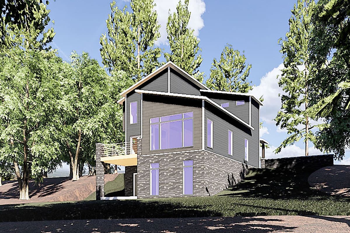 Modern house plan exterior with stone base, large window, balcony, and pitched rooflines.