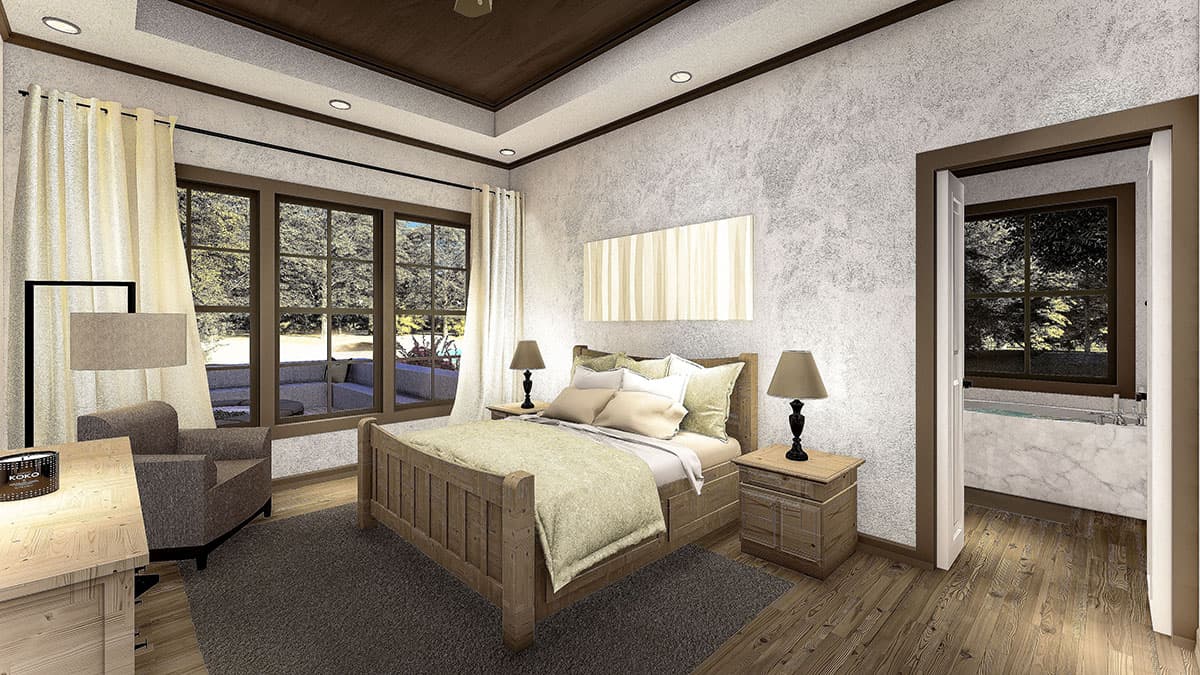 Bedroom with wood bed, sitting chair, large windows, and view to bathtub in adjacent room.