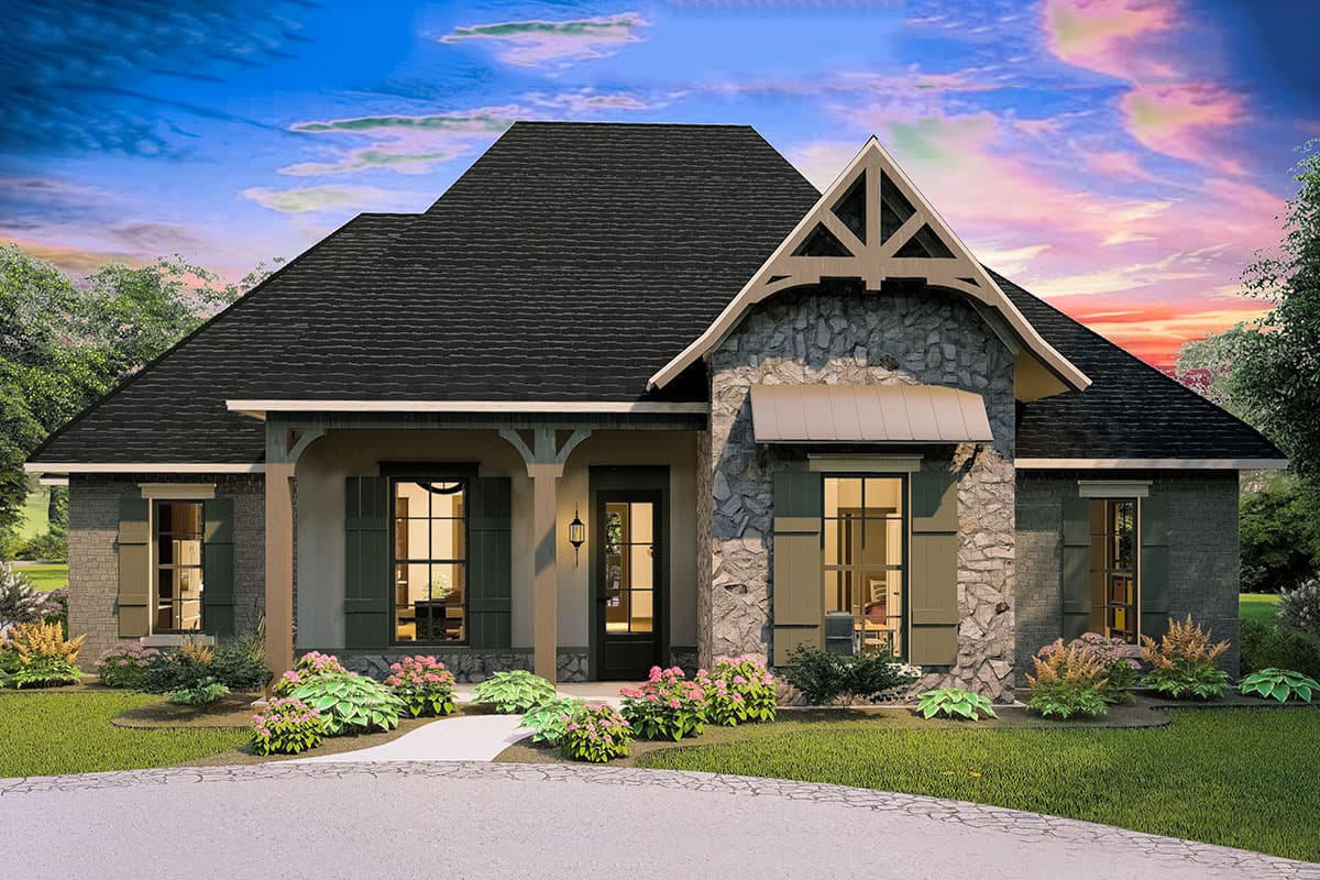 House plan exterior: Modern Farmhouse style, one story, stone facade, covered porch, and gable with exposed rafter tails.