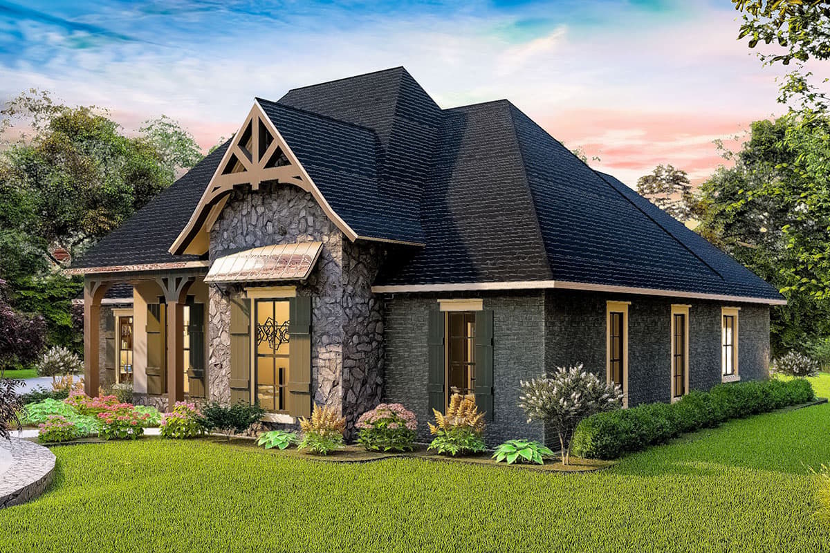 House plan exterior, one story, stone facade, gabled entrance, dark roof, and covered porch.