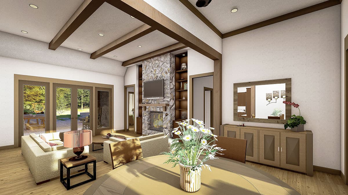 Living area with stone fireplace, vaulted ceiling with exposed beams, and large glass doors opening to an outdoor patio.