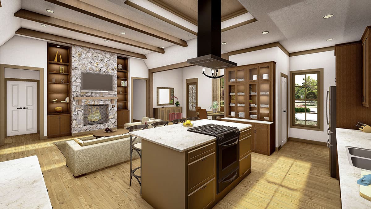 Rendering of an open-concept living area with a stone fireplace, kitchen island with range, and vaulted wood-beam ceiling.