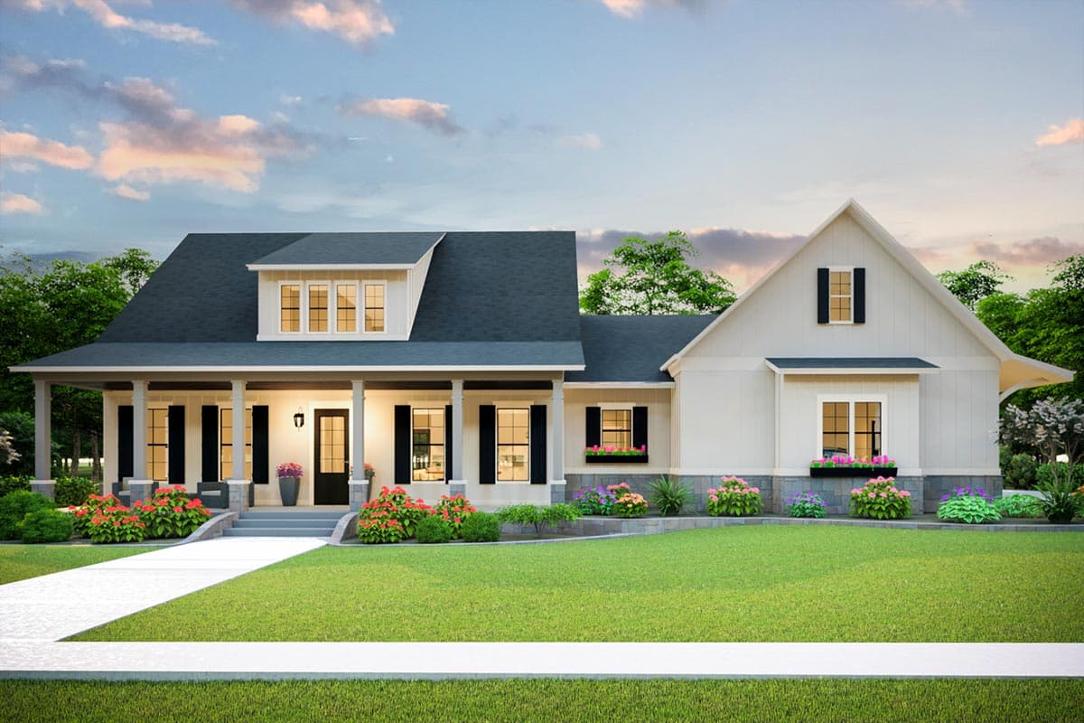 House plan exterior. Farmhouse style with a front porch, dormers, and a gabled roof. Two-story structure with symmetrical design.