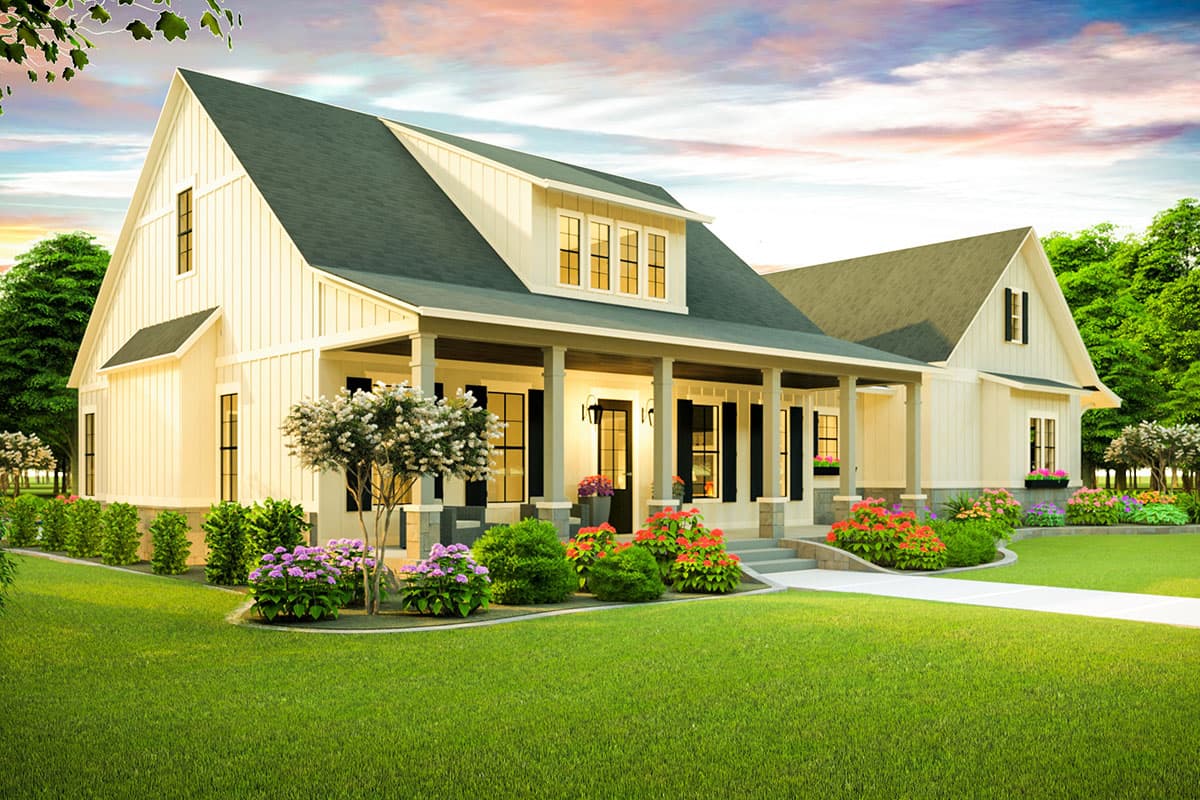 Modern Farmhouse house plan exterior with a gabled roof, dormer, and covered porch with columns.