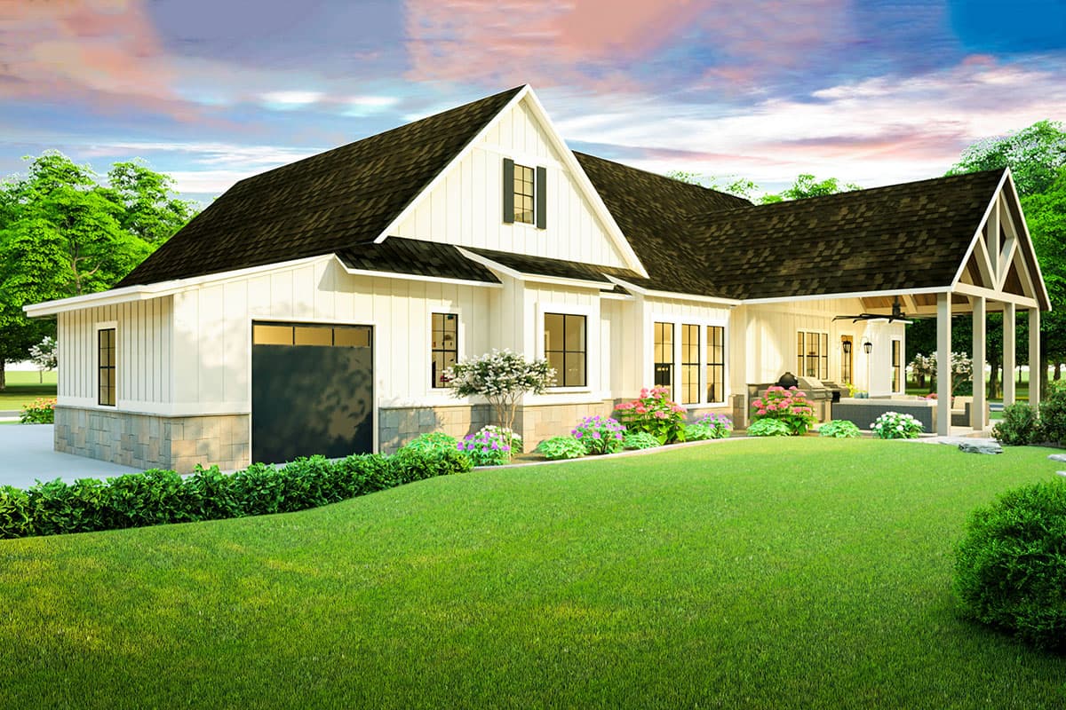 Modern Farmhouse house plan exterior with gabled roof, board and batten siding, stone base, single garage door, and covered patio.