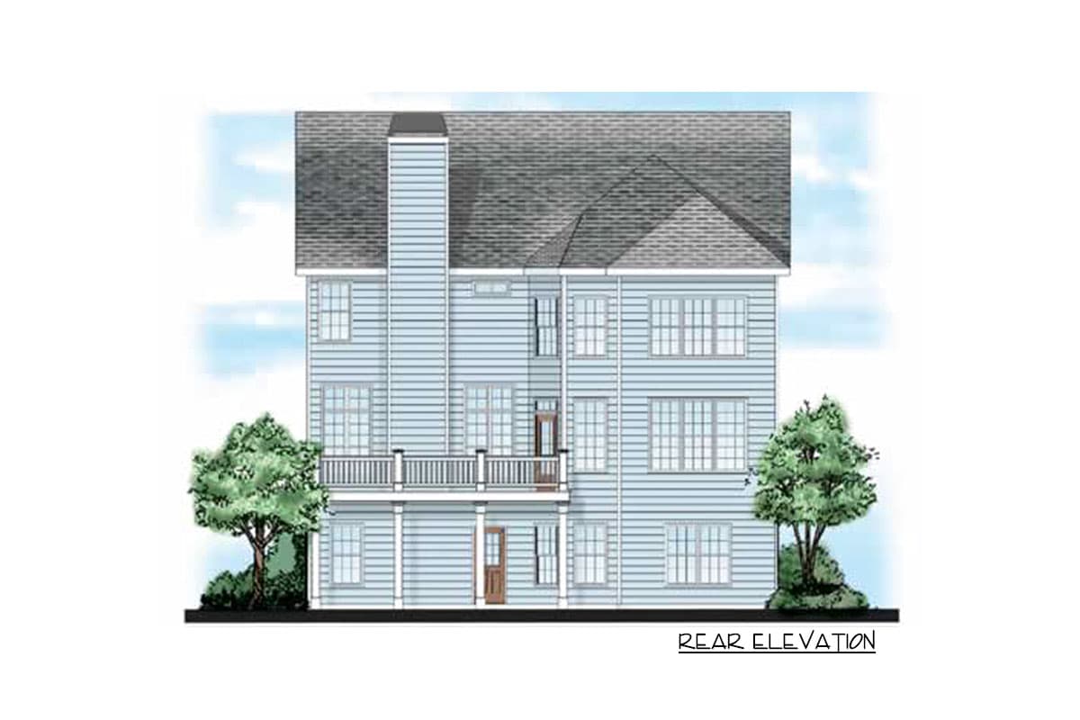Rear elevation drawing of a three-story house with a large chimney, second-story balcony, and multiple windows.
