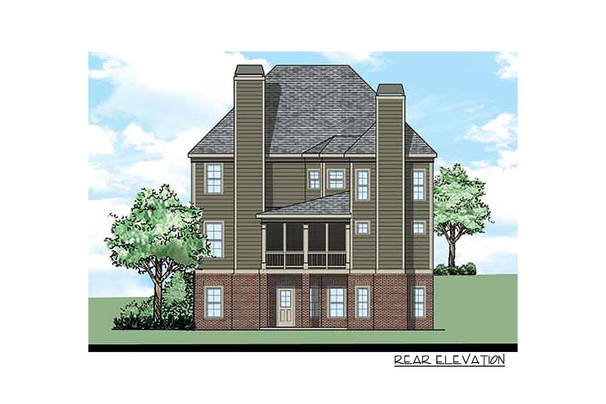 Rear elevation of a two-story house plan with brick base, screened porch, and dual chimneys.