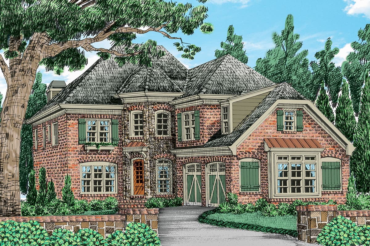 House plan exterior featuring a two-story brick home with multiple gables, arched windows, shutters, and a front-entry garage.