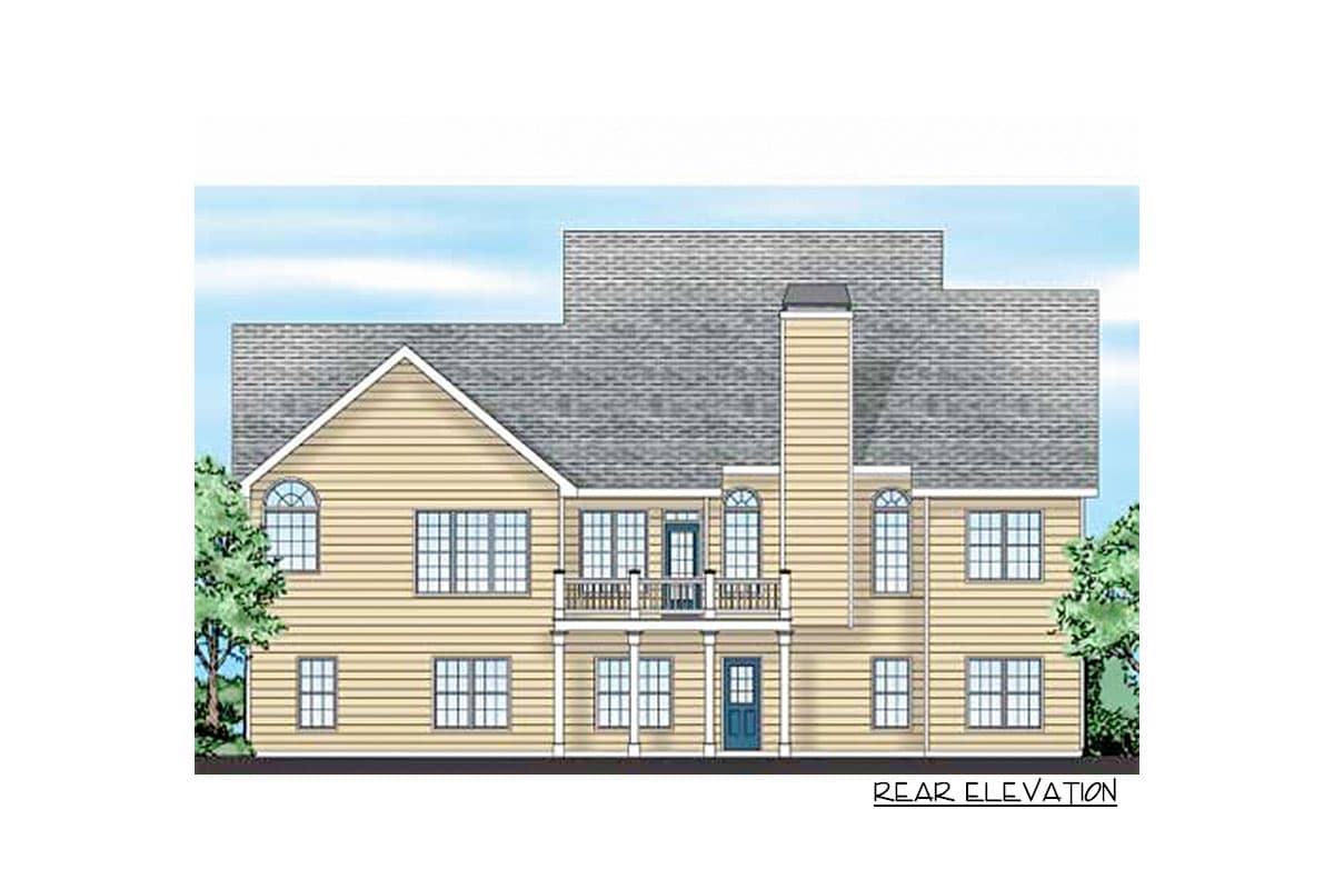 Rear elevation of a two-story house plan with a prominent chimney, upper balcony, and arched windows.