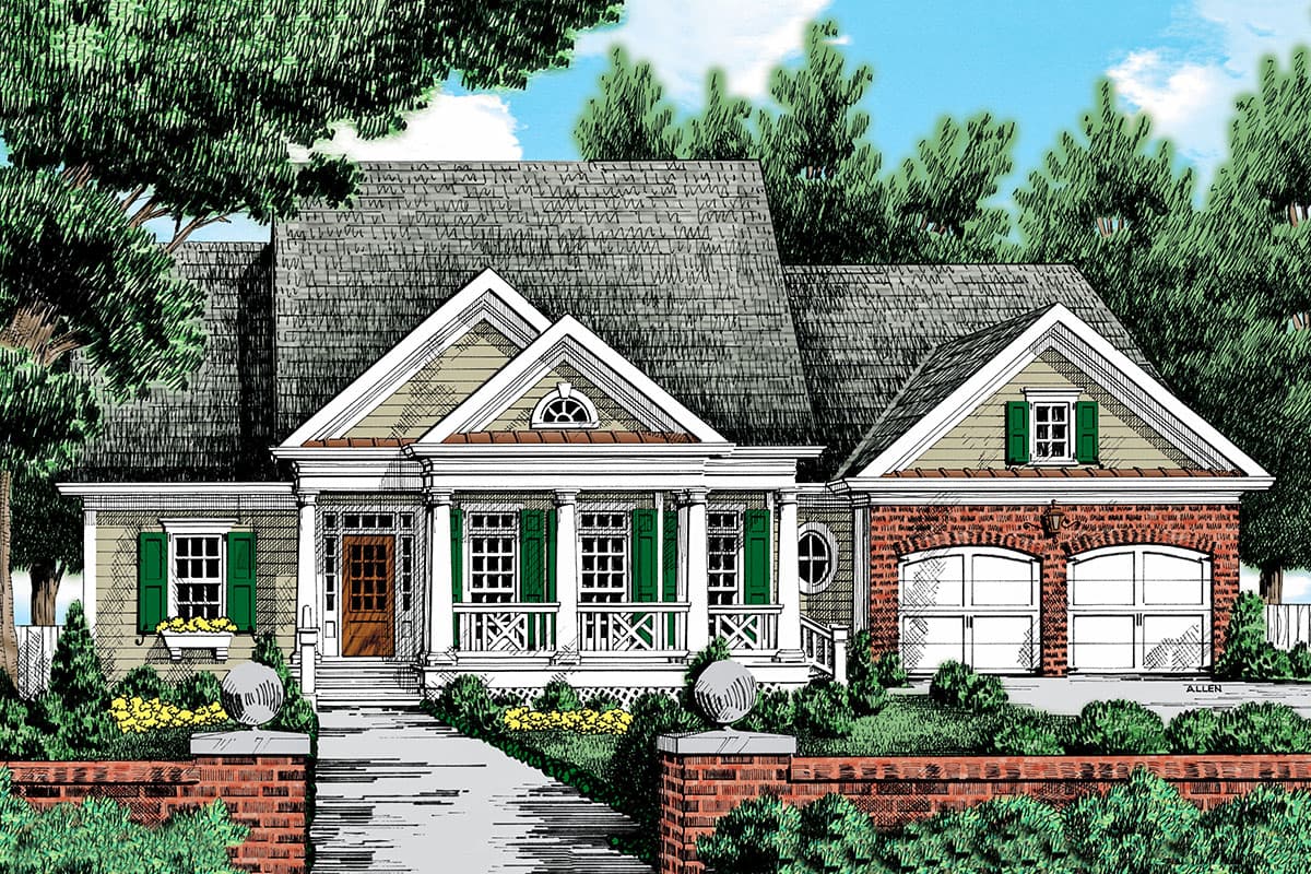 House plan exterior featuring a Craftsman style. The house includes a covered porch, gables, and a two-car garage. Windows have green shutters.