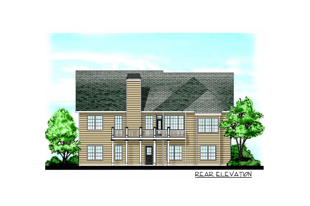 Rear elevation house plan of a two-story home with a central chimney, upper balcony, and multiple windows.