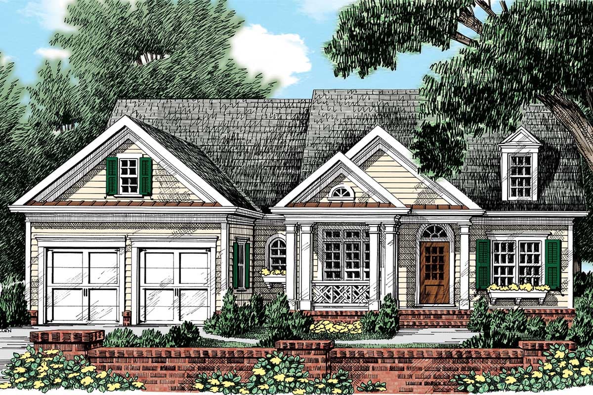 House plan exterior with Craftsman style, single story, and multiple gables. Features include a front porch, dormers, and an attached garage.