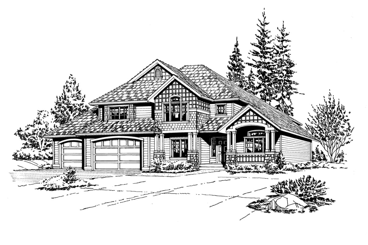 House plan exterior with a gabled roof, dormers, stone-accented columns, a covered front porch, and a three-car garage.