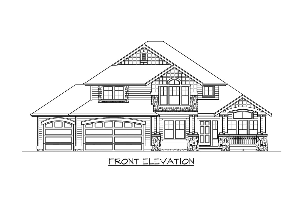 Front elevation drawing of a two-story house with a three-car garage, gabled dormers, and a covered front porch.